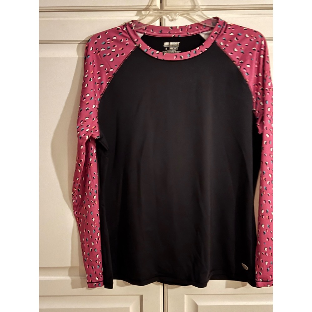 Reel Legends Womens Reel-Tec Rash Guard Long Sleeve Swim Shirt Black Pink Large